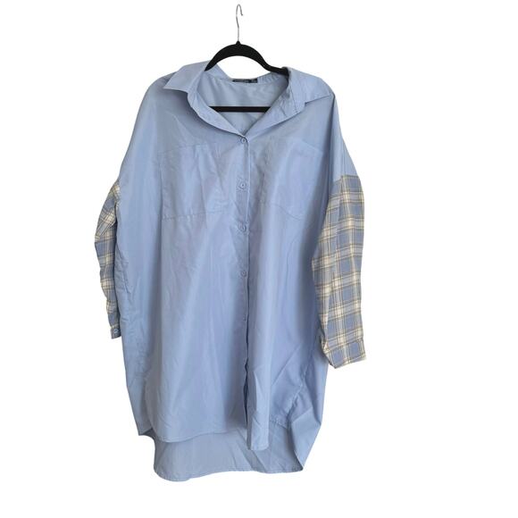 Nasty Gal Plaid Sleeve Oversized Shirt Dress Blue Womens size 8 - Picture 3 of 7
